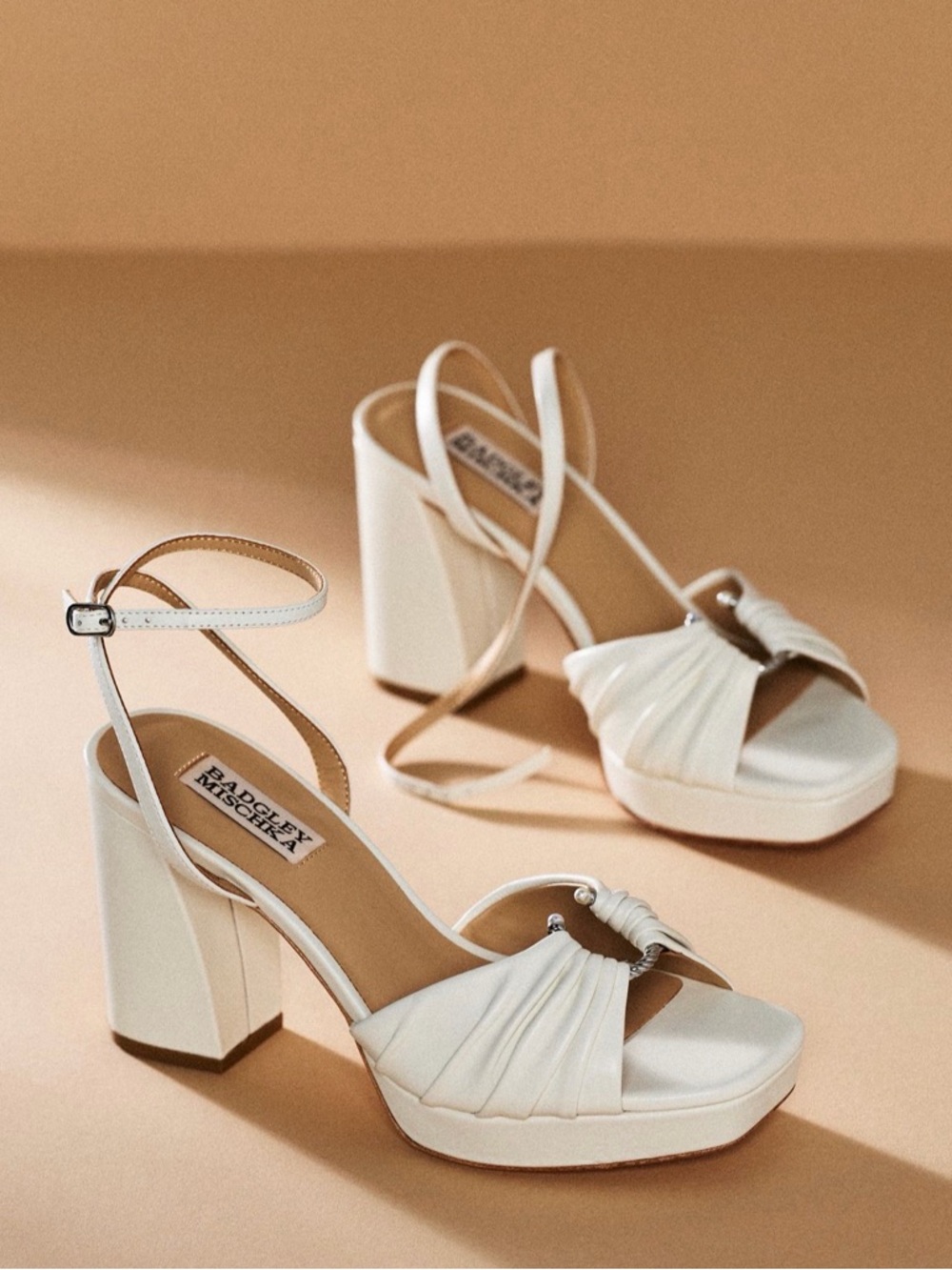 Badgley Mischka Ivory Ruched Platform Block Heel Sandals